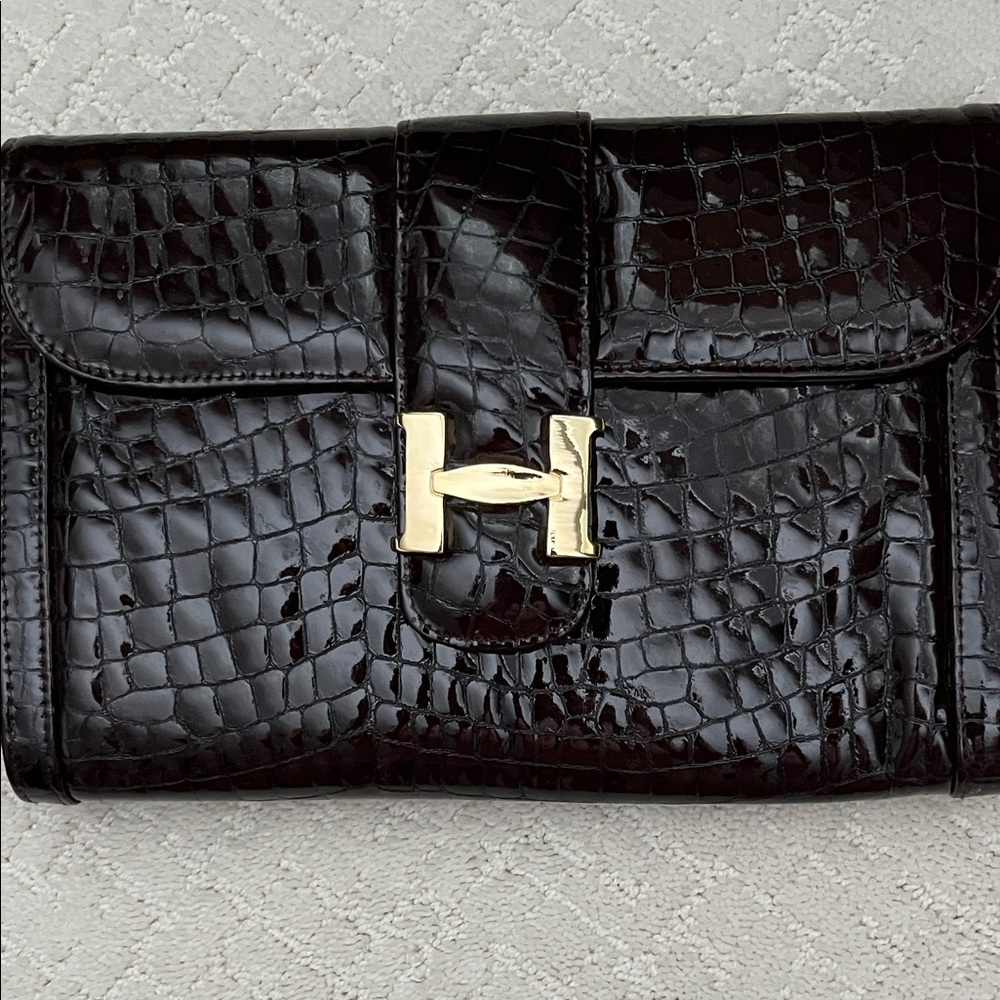 Brown  Croc Embossed Clutch with Gold Accent